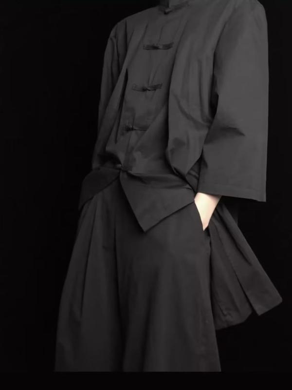 Full-Length Under-Kimono - 唐装 メンズ 春 薄手 開襟 七分袖 盤ボタン トップス シャツ ポリエステル ポリエステル繊維 ゆったりシルエット 黒 白 日常使い 軽量 ノンアイロン ボタン飾り チャイナスタイル スタンドカラー