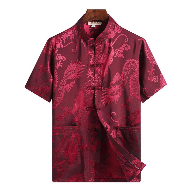 唐装 メンズ 短袖 シャツ 提花 刺繍 中式 盤扣 トップス 漢服 シルク調 民族衣装 夏用 涼感 ポリエステル混紡 酒紅 ブルー ホワイト グレー イエロー 赤 ブラウン 刺繍柄 龍模様 福模様 ビジネスカジュアル シニア向け 軽量 通気性 良い 日常