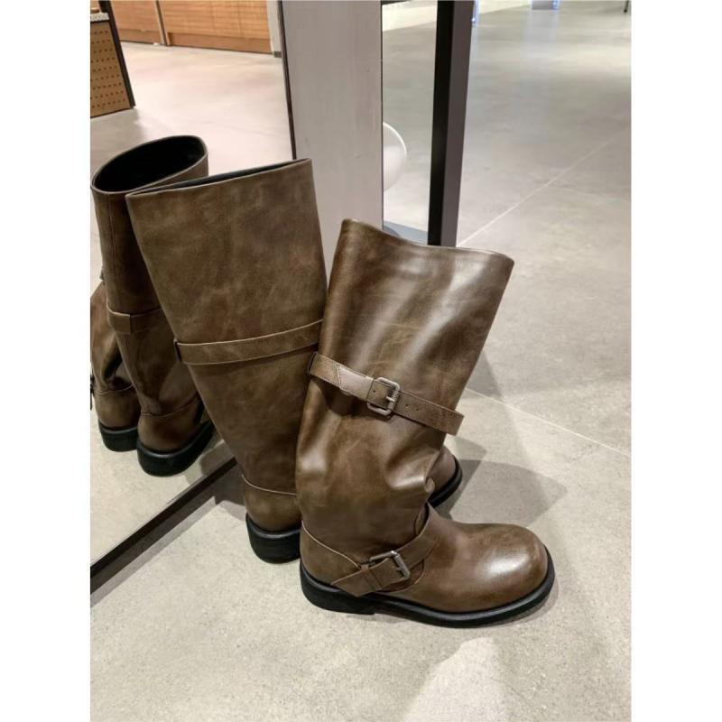 レディース 騎士靴 粗跟 ロングブーツ 皮ベルトバックル 装飾 合成皮革 羊皮内張り メッシュライニング ラバーソール 丸トゥ 低ヒール 1-3cm 筒高 普通厚 サイドジップなし セットオン 純色 ブラック ブラウン グレー 通気性 防滑 耐摩耗 クッ
