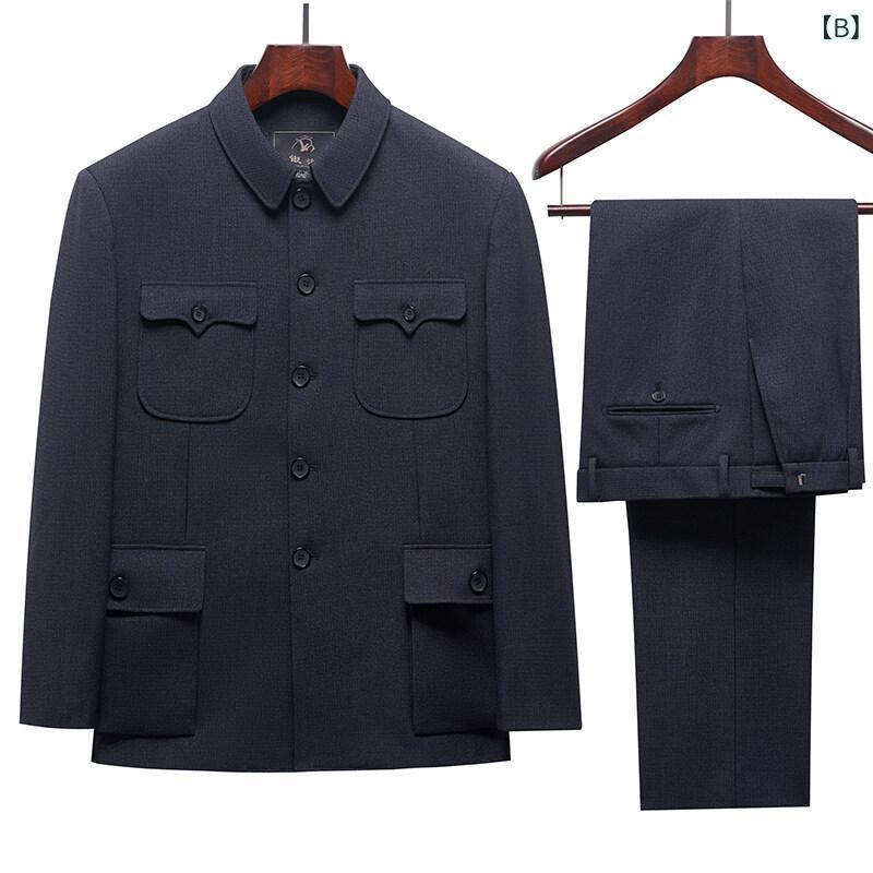 中山装 メンズ 中高年 父服 秋冬 セット フラップカラースタンドカラー 厚手 暖か 化繊混紡 ポリエステル95 グレー ビジネスカジュアル 日常使い ポケット飾り 高温定型加工 ゆったりシルエット 軍便服風 紳士スタイル ラフな着こなし