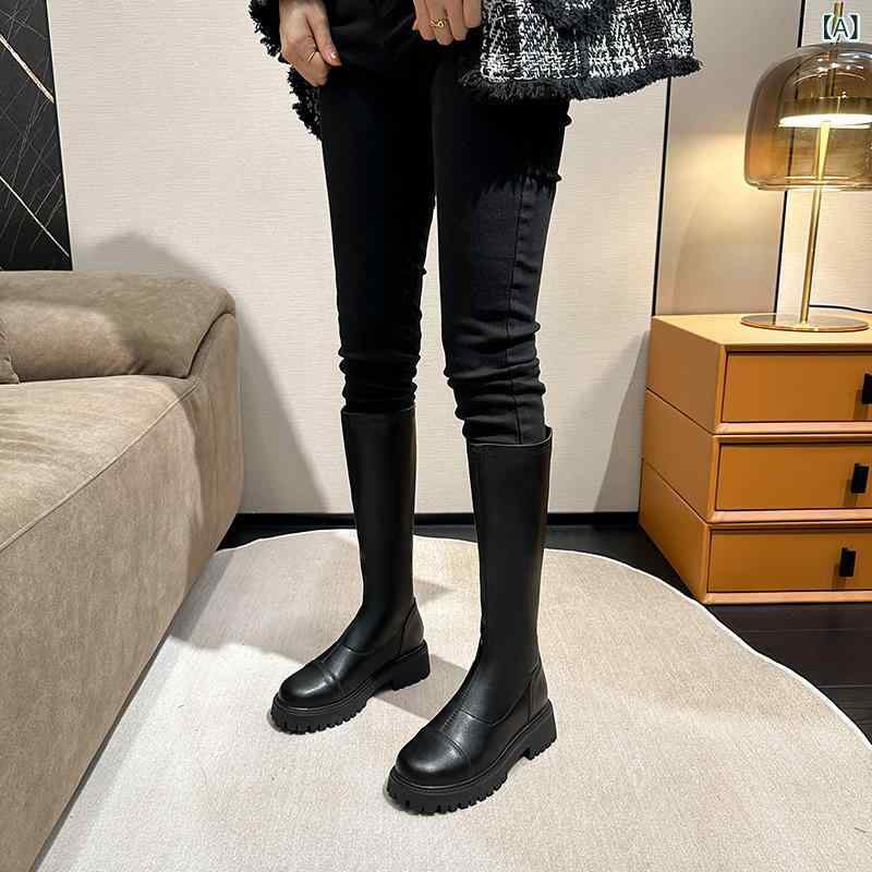 レディース 騎士靴 長筒 秋冬 ロングブーツ 女性用 騎士風 インサイドインソール 伸縮性 スリムシルエット 英倫スタイル ラウンドトゥ 厚底 防水 透気性 耐久 クッション ミッドカーフ コットン 内張り 超細繊維 ライニング ブラック ブラウン サイ