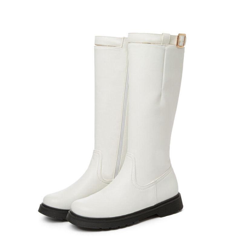 Shoes - 女児用 騎士靴 丸トゥ 平底 高筒 ベルトバックル 英倫風 人造PU素材 軽量 伸縮性 普段使い 通勤用 部屋着 かわいい 形状 ブラック ホワイト 通年使用 子供靴 女の子 靴下 履きやすい 耐久性 柔軟素材 足元保護 歩きやすい スタイリッシュ シン