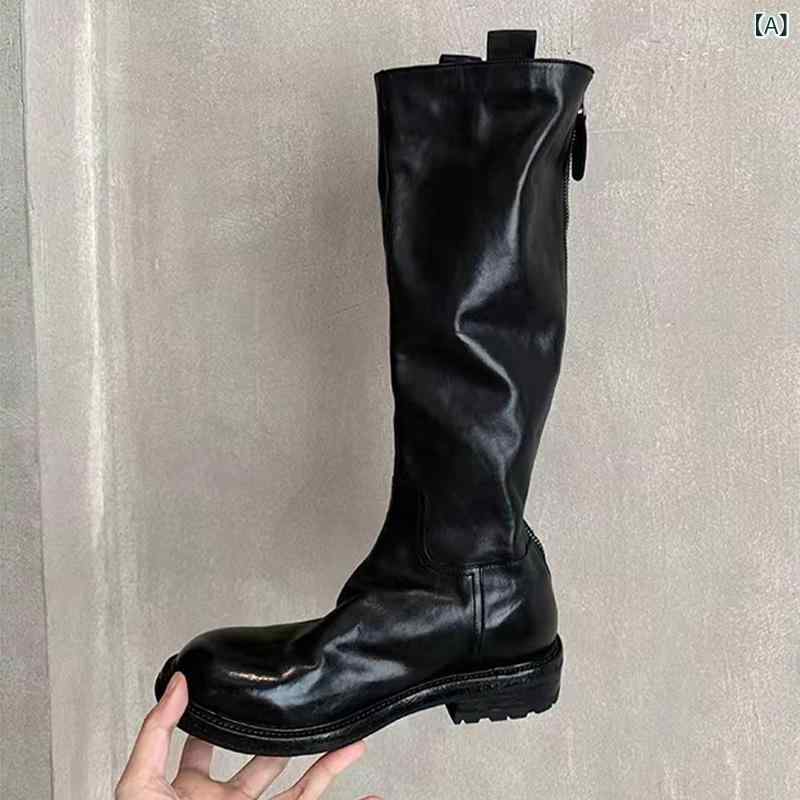 Women'S Shoes - レディース 騎士靴 長筒ブーツ 厚底 粗高跟 牛革 透気 防滑 耐摩耗 衝撃吸収 丸先 ミッドカーフ 秋冬 ブラック ブラウン 欧米風 復古 スリムレッグ ラバーボトム ピッグスエード内張り 真皮ライニング セットオン 防水加工 暖か スタイリッシュ 普