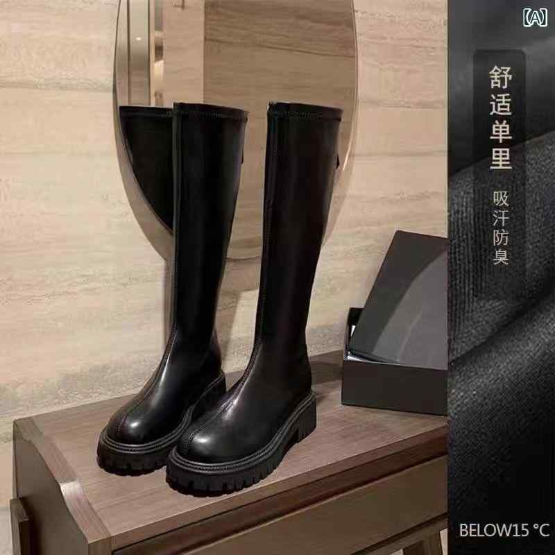 レディース 長筒ブーツ 秋冬 加厚 暖か ブラウン ブラック 厚底 騎士風 防水台 防滑 耐磨 増高 筒高 高筒 韓国スタイル 合成皮革 PU素材 ラバーボトム 後ろジッパー 普段使い 防寒 スリムライン 女性用 ロング 膝下 騎士ブーツ 暖足 滑り止め