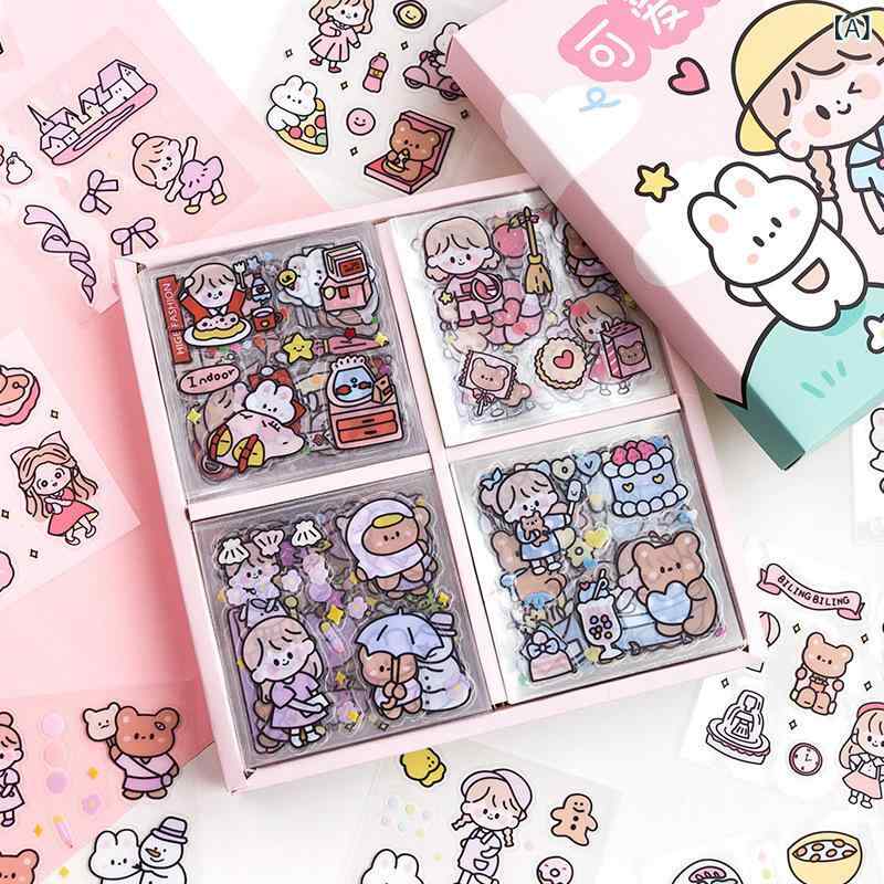 手帳 ステッカー 100枚セット 防水 透明 かわいい 小さなパターン 少女心 インスピレーション 風 可愛い風 豆豆軟糖色 印刷加工 7.5cm角 軽量 0.1kg ノート デコレーション ステーショナリー シール ラベル 手帳装飾 日常使い カラフル
