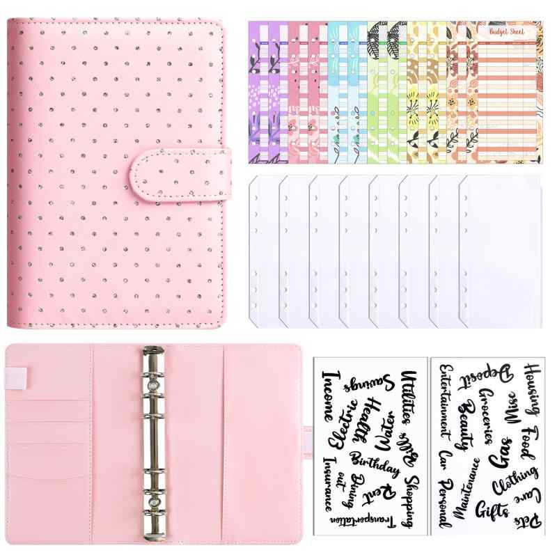 ノート 手帳本 ダイヤモンド柄 活頁 ジッパー付き ポーチ 付属 キャッシュ 予算 管理 家計簿 節約 記帳 ノートブック 黒 ピンク ホワイト グリーン イエロー コンパクト サイズ 合成皮革 クリエイティブ スタイル トレンド デザイン ラベル ステ