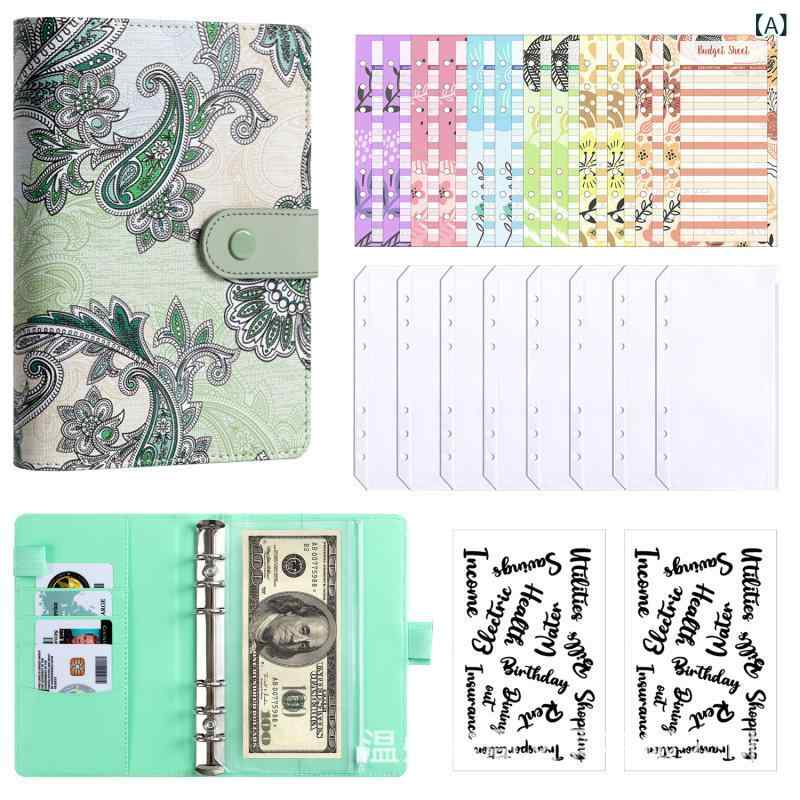 ノート 手帳 A6 サイズ 腰果花柄 クリエイティブ 活ページ クリップ 予算 家計簿 ノートブック 緑 紫 黒 ピンク ブルー 偽皮 カバー ジッパーポーチ 付属 ラベル ステッカー 透明 定規 分割 ページ DIY 紙 トレンド スタイル