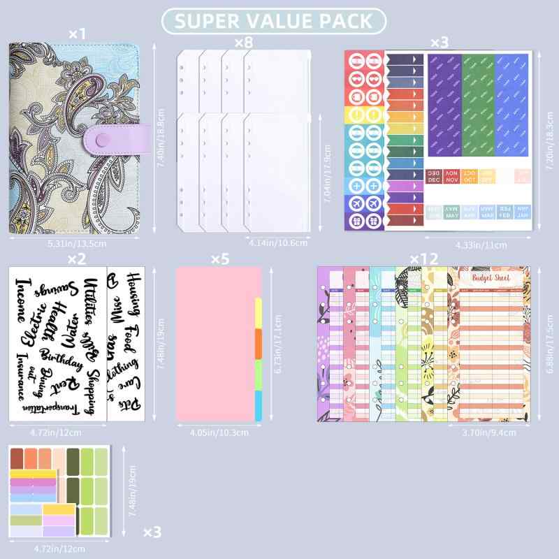 ・カテゴリ: 手帳カバー・スタイル: 日韓可愛・素材: PU・装訂: 活頁・カラー展開: 緑、紫、黒、粉、青・付属品: 8個のジッパーバッグ、A6現金予算カード、英語ステッカー、ラベルステッカー、DIYステッカー、A6透明カードスケール