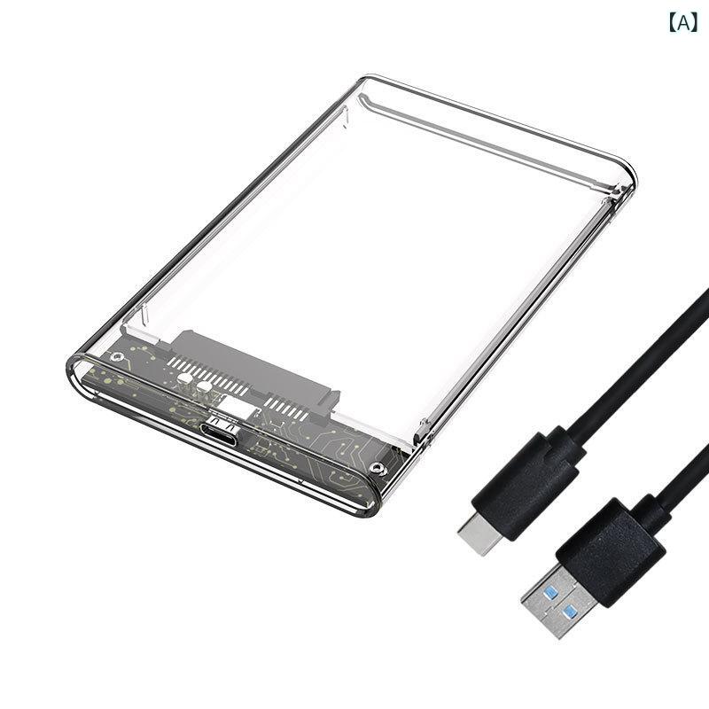 SSD HDD 透明 ハードディスクケース USB3.1 SATA インターフェース 2.5インチ ポータブル ノートPC用 軽量 PC素材 白色 灰色 高速転送 外部ストレージ ケース 交換可能