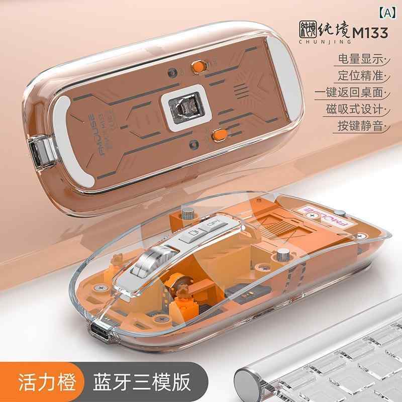 ワイヤレス ゲーミング マウス 静音 充電式 透明 デザイン 2.4GHz 接続 ブルートゥース 対応 小型 軽量 100g以内 2400dpi 高解像度 5ボタン 操作 ノートPC デスクトップ 互換 オフィス 作業 活力オレンジ カラーバリエーション