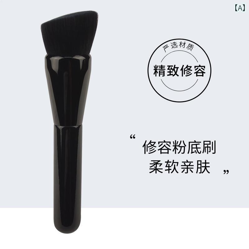 メイクブラシ ファンデーションブラシ 修容ブラシ 黒色 丸斜めヘッド 無痕ベース 粉落ち防止 単品 化粧ブラシ 人造繊維 木製ハンドル 長柄 15cm 2.5cm毛長 滑らかな仕上がり 精密メイク ベースメイク メイクアップツール ブラック カジュアルメ