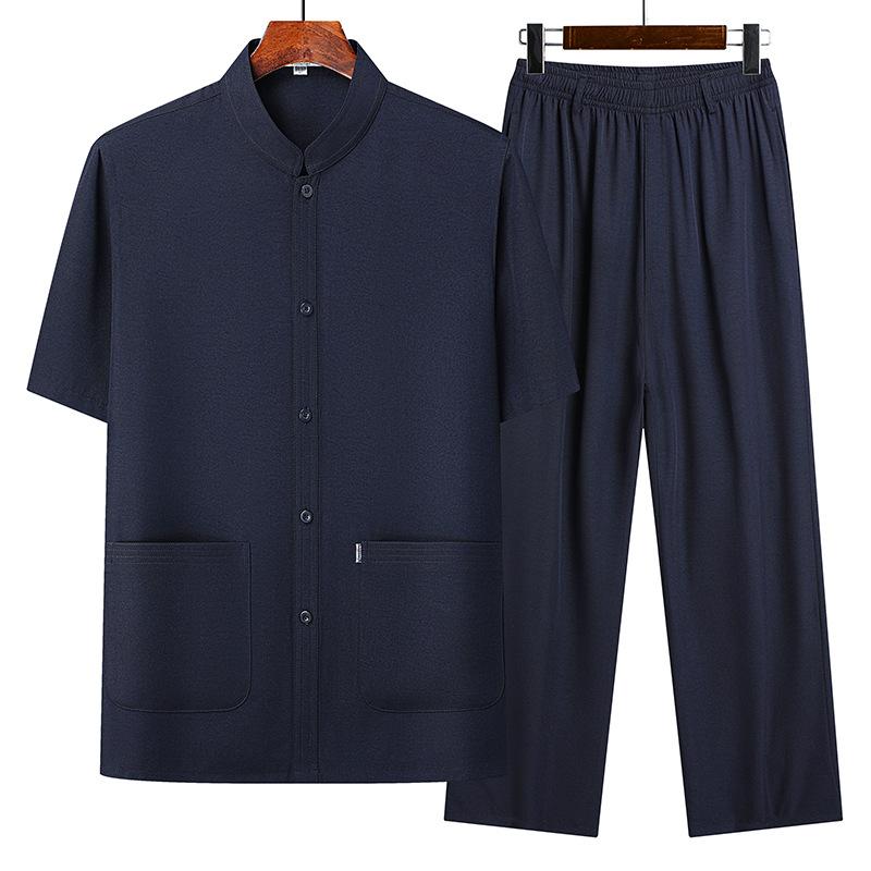 Casual Shirts - メンズ シャツ トップス 短袖 中国風 開衫 セット 中年 男性用 父親 シニア 老年 男性 化繊混紡 薄手 立領 ワイドフィット 無地 夏 グレー グリーン ネイビー 洗濯機可 ノーアイロン ビジネス カジュアル
