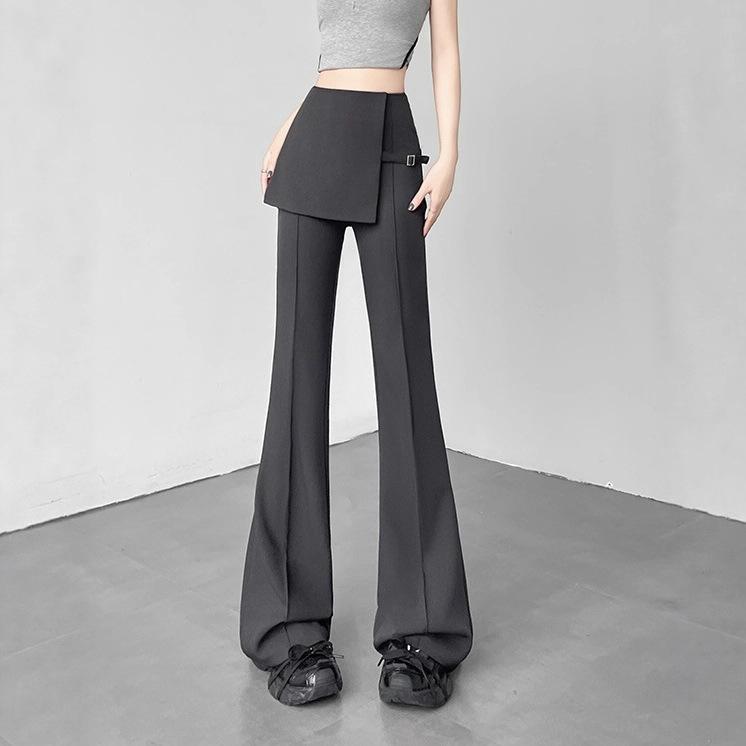 レディース スーツパンツ ワイドレッグ 高腰 黒 グレー ポリエステル スパンデックス ミックス 切り替え ポケット 付き ロング丈 薄手 ゆったり シルエット 楽ちん 私服 スタイル 御姐風 通勤 普段使い 秋 シーズン 免燻加工