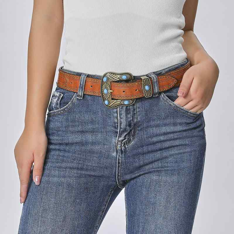 レディース ボヘミアン ウエスタン カウボーイ スタイル 復古 グリーンストーン ウエストベルト ビーズ 装飾 ワイド PU レザー ベルト 針金 バックル チョコレートカラー 粗幅 4cm以上 秋 民族風 ラッキーアイテム 普段使い 切り替え デザイン