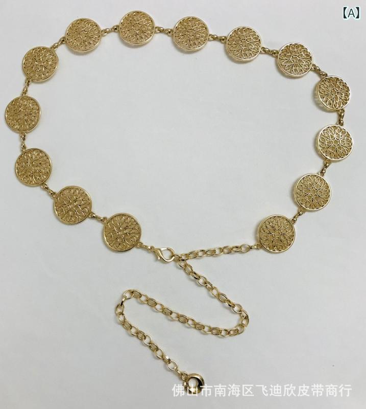 Rakuten - レディース 金属 腰チェーン ゴールド チェーン デザイン シンプル ファッション アクセサリー ビジネス 通勤 普段使い 軽量 合金 加工 円形 モチーフ 百搭 コーディネート 夏 春夏 欧米 風 軽奢 感 優雅 スタイル 極簡 チェイン ベルト 装飾
