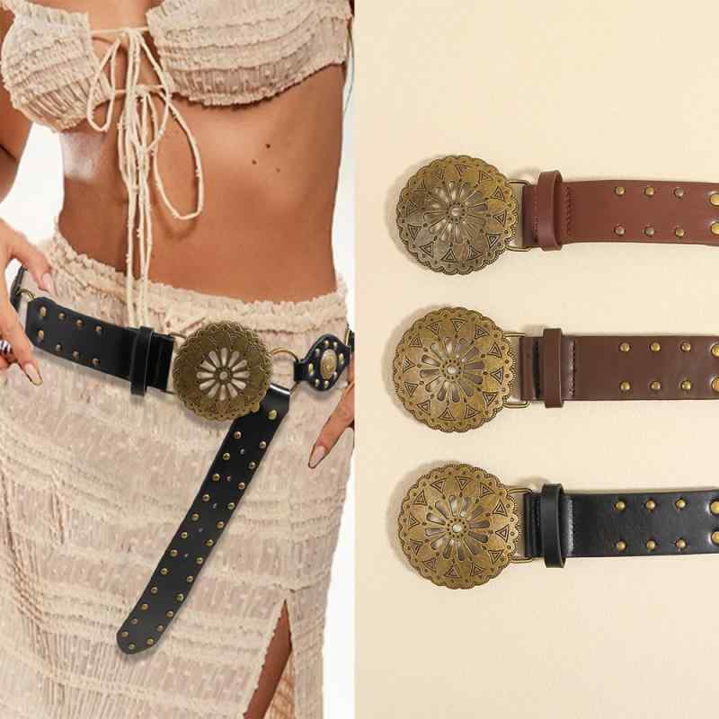 レディース ウエストベルト 牛仔 デニム スカート ワンピース デコレーション アクセサリー クラシック ヴィンテージ スタイル ボヘミアン 風 刺繍 デザイン 合金 バックル PUレザー 素材 古銅 ブラック ブラウン 赤 色 幅 普通 長さ 110c