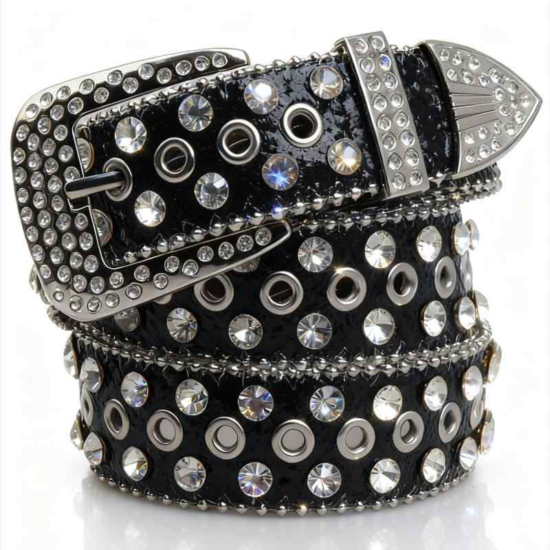 ・素材: PU皮・バックル素材: 合金・留め具: 針金留め・カラー展開: 黒、赤、青、銀、金・幅: 普通款(2-4cm)・長さ: 110cm、120cm・スタイル: オリジナルデザイン・加工: ラインストーン付き