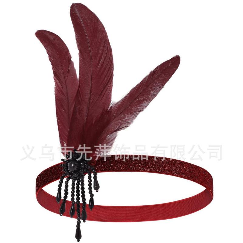 发带 - ヘッドドレス レディース 1920s ガツビー スタイル 舞踏会 コスプレ セット 羽毛 ヘアアクセサリー 黒 手袋 扇子 ヘッドバンド クラウン 形状 復古 デザイン 珍珠 装飾 流蘇 ディテール 格子 模様 コットン 混紡 素材 軽量 快適 フィット