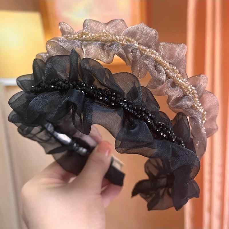 ヘアアクセサリー 女性用 春夏 網目レース ハイトップ 水晶 ヘアバンド プリーツ フェイスシェイプ かわいい 小清新 天然石 手作り ブラック 米白色 ローズゴールド 瀑布モチーフ 雲 流星雨 波柄 テクスチャ 軽量 通勤 普段使い