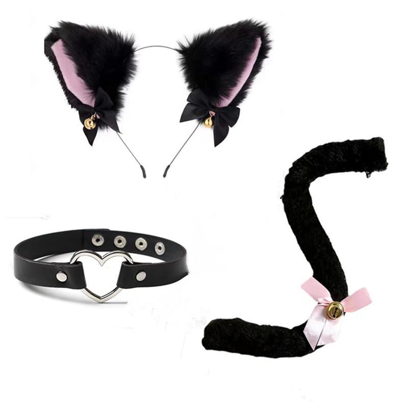 Rakuten - コスプレ 猫耳 ヘッドバンド 鈴付き チャーム ネックレス 猫柄 テール アクセサリー セット ハロウィン パーティー 衣装 かわいい 動物モチーフ 布製 手作り 黒 ピンク 白 毛皮風 ピンク内側 白内側 純黒 純白 ピンク系 切り替え デザイン 個性