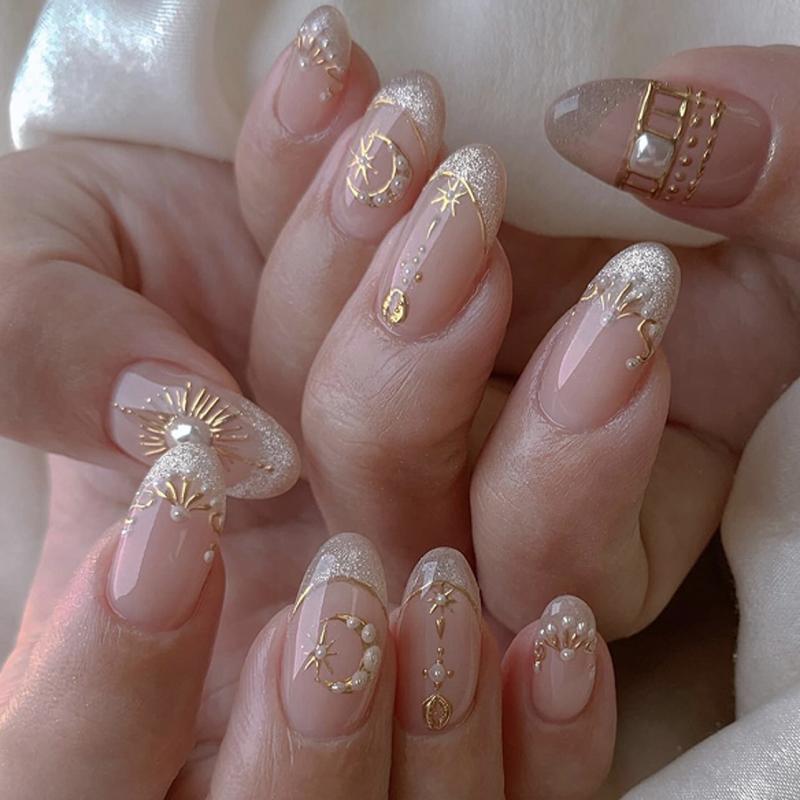 Nail - レディース フレンチネイル スター柄 ショート 杏仁型 付け爪 キット シンプル 星空デザイン 軽量 耐久性 指先ケア 日常使い 自然仕上がり 女性向け ネイルアート セット
