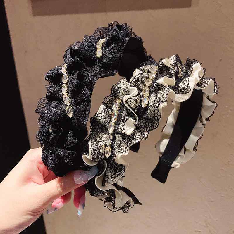 ヘアアクセサリー 女性用 レース フリル 網状 花柄 ヘアバンド 幅広 花飾り ジルコニア 装飾 軽量 布製 接触冷感 ブラック ミルクホワイト ライトグリーン 春夏 ファッション 通勤 かわいい ヘアピン ヘアカチューシャ