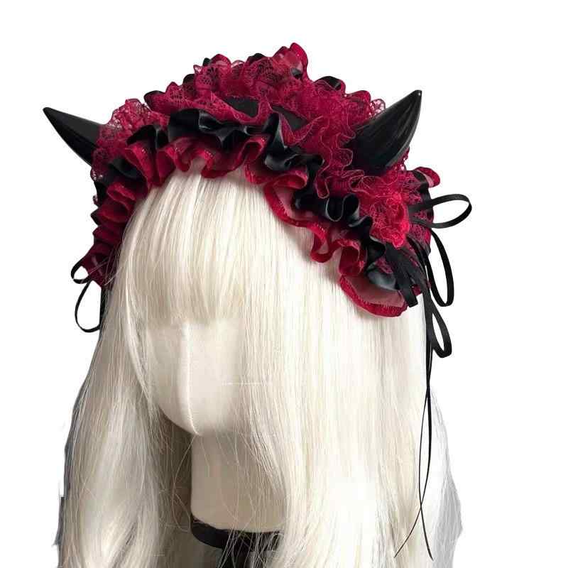 ゴスロリ ヘアアクセサリー 悪魔角 少女用 ダークスタイル 赤黒 牛角 頭飾 コスプ...