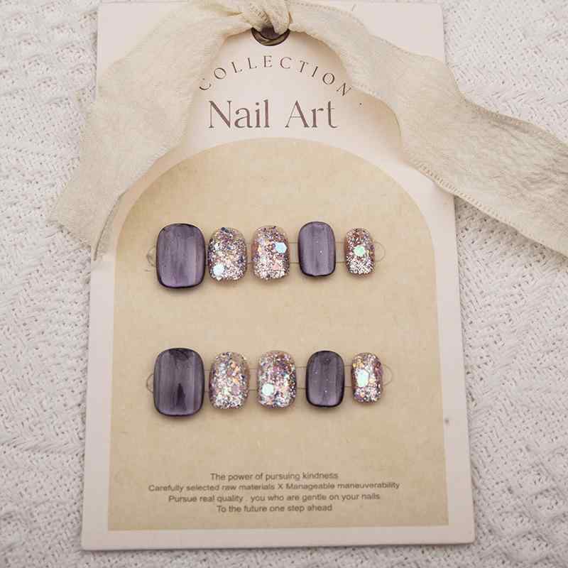 ネイルチップ 短め 紫色 星河柄 高級感 小众 ハンドメイド 爆闪 猫眼石 指甲パッチ 成品 超薄無痕 冰透 甘め フレンチ ガーリー シンプル ins風 純欲 星空 ユニセックス 軽量 伸縮性 接触冷感 吸湿速乾 ピンク系 アイボリー 紫系