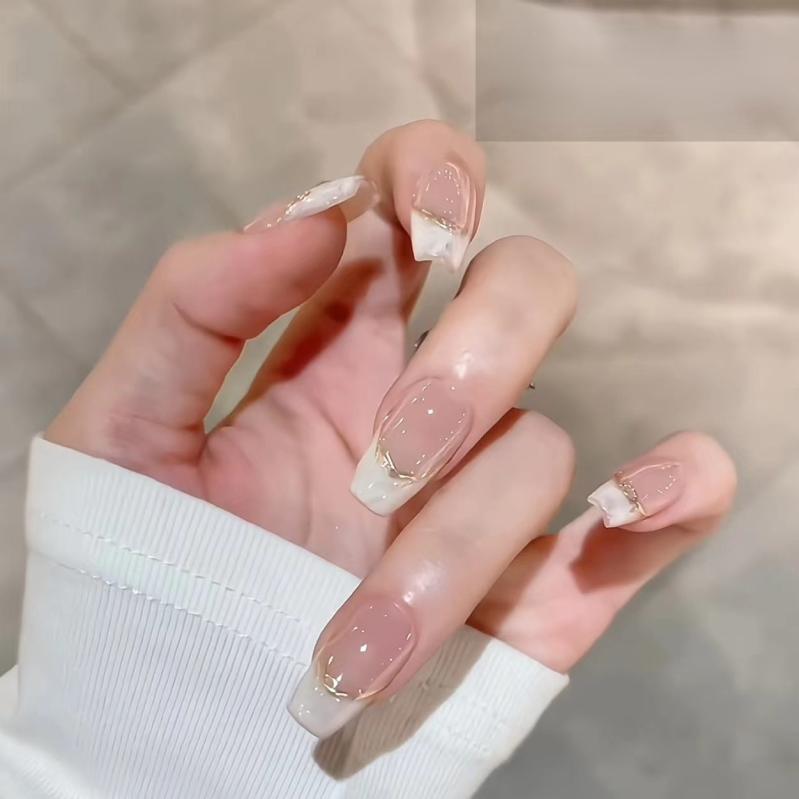 秋冬 女性用 フレンチスタイル ネイルチップ ステッカー ベアシェル柄 純色 超薄無痕 アイス透け スイートクール 軽奢風 ピュアドルチェ 藕色 アイスブルー 短梯形 20mm 中長梯形 25mm 取り外し可能 人工爪 指甲カバー ネイルアート セット