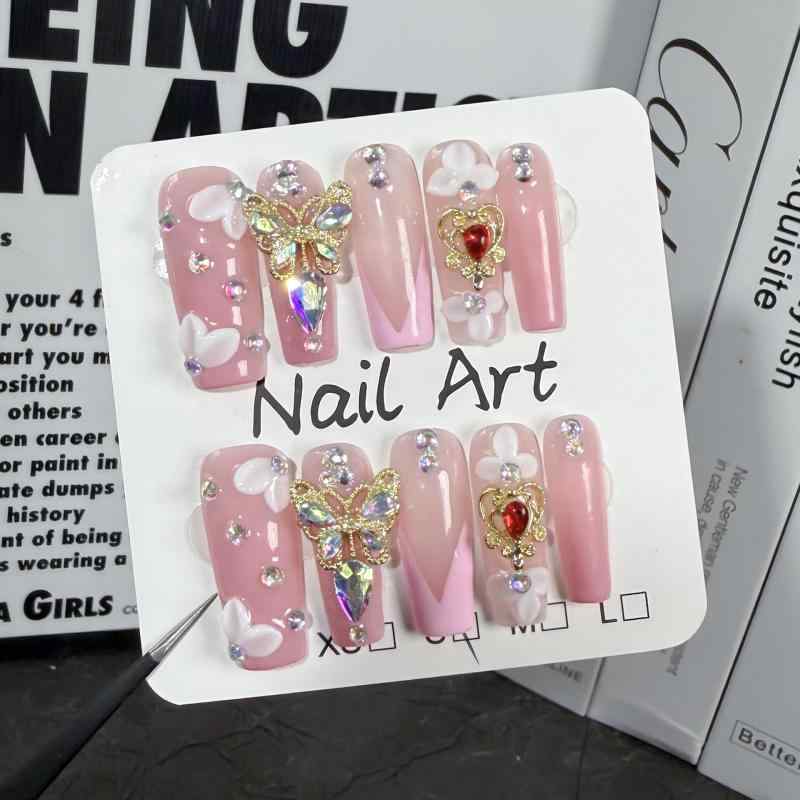 美甲 ネイルチップ 人工指甲 貼り付け式 長め 甘め フレンチ 超薄 無痕 欧米 ピュア 花柄 立体浮き彫り 3D フラワー モチーフ 爆闪 キラキラ 甘美 かわいい 華やか 日常使い ハンドケア ネイルアート 指先 アクセサリー 女性用 ユニセックス