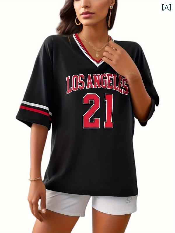 Striped trim v ネック リボン 半袖 ゆったり t シャツ 女性 欧米 スポーツ los angles プリント 上着