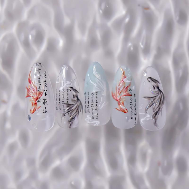 美甲贴 - ネイル ステッカー 3D 立体 貼花 貝殻 光沢 幸運 錦鯉 金魚 招財 祥雲 プリンセス シリーズ 中国風 卡通 パターン かわいい デザイン 指甲 装飾 アクセサリー ラッキーアイテム
