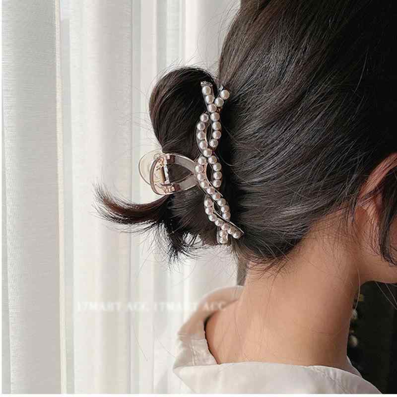 ヘアアクセサリー 女性用 珍珠 髪留め ディスク型 ヘアクリップ シャーククリップ クロスデザイン アップヘア 固定具 透明 香槟カラー クリームカラー コーヒーカラー プラスチック 樹脂 素材 手作業 加工 ファッション 通勤 スタイル 自然 流行 要