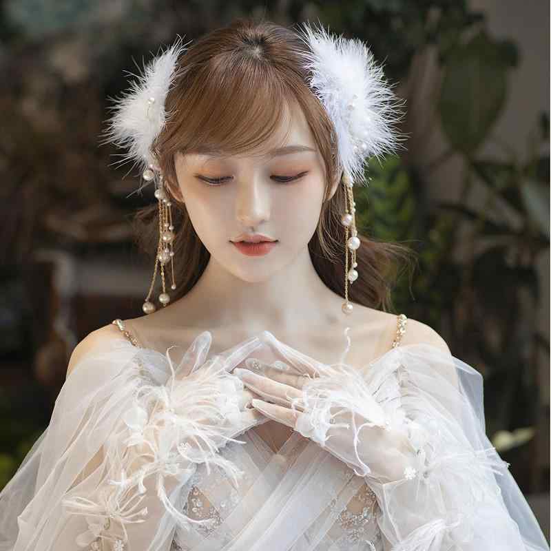 ヘアアクセサリー かわいい 羽毛 ヘアクリップ 側挟み 古風 少女 白 真珠 流蘇 装...