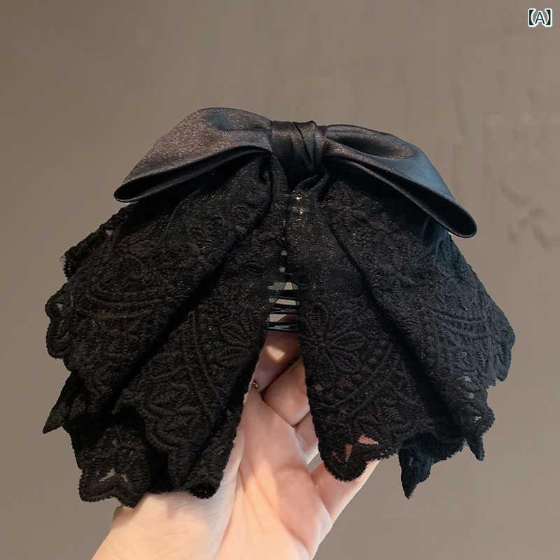 ヘアアクセサリー 女性用 かわいい 黒 ベージュ レース 蝶結び ポニーテールクリッ...