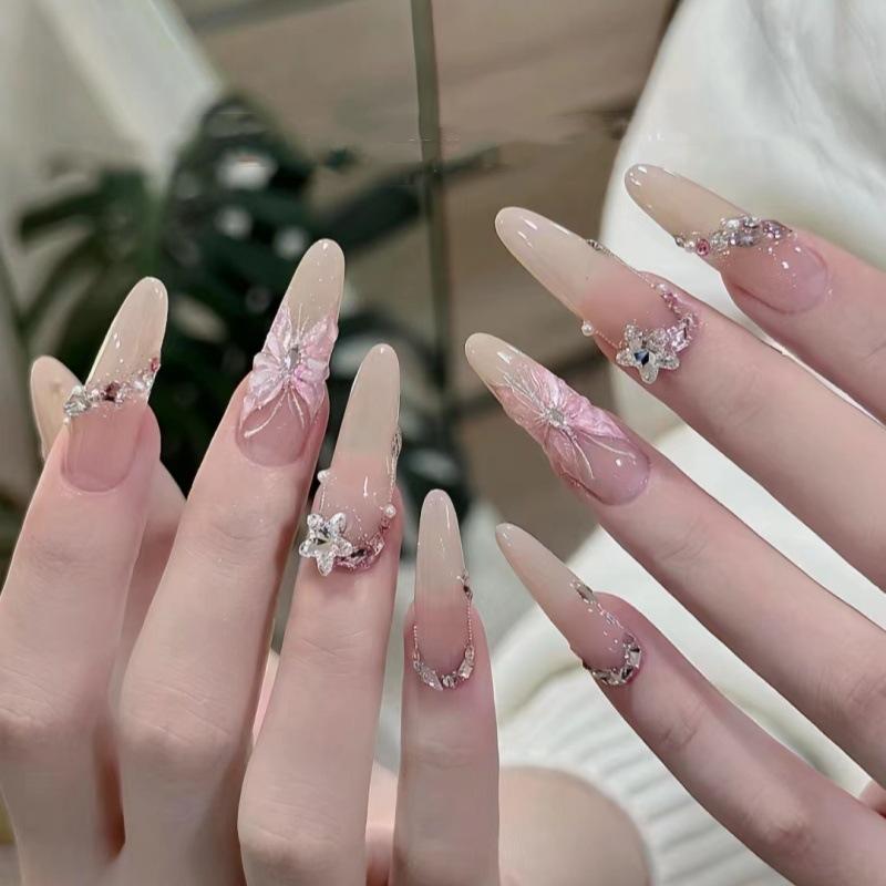 ネイルチップ 女性用 国風 手描き 立体 水彩 蝶 デザイン 着脱式 加長 杏仁型 美甲 貼り付け 爆闪 インスピレーション 風 ロングタイプ かわいい 軽量 伸縮性 ピンク系 通年使い 普段使い シンプル ファッション