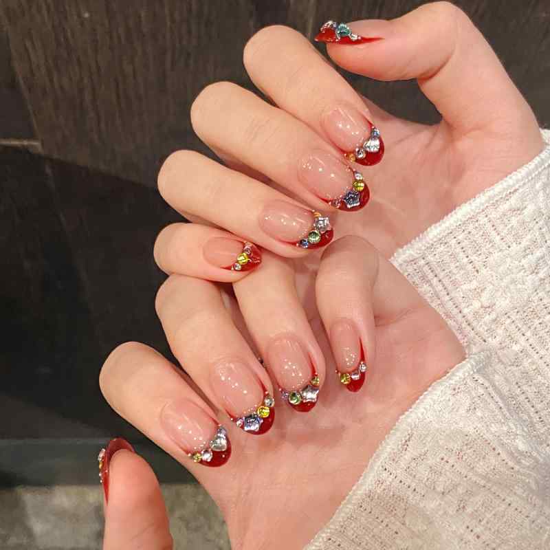 Nail - ネイルチップ かわいい 短め 椭圆形 穿戴式 ワインカラー フラッシュジルコニア 手描き フレンチスタイル 星柄 輝き ファッション 指先 アクセサリー 日常使い フルデコレーション ホワイト 肌映え 女性用 純手工 短款