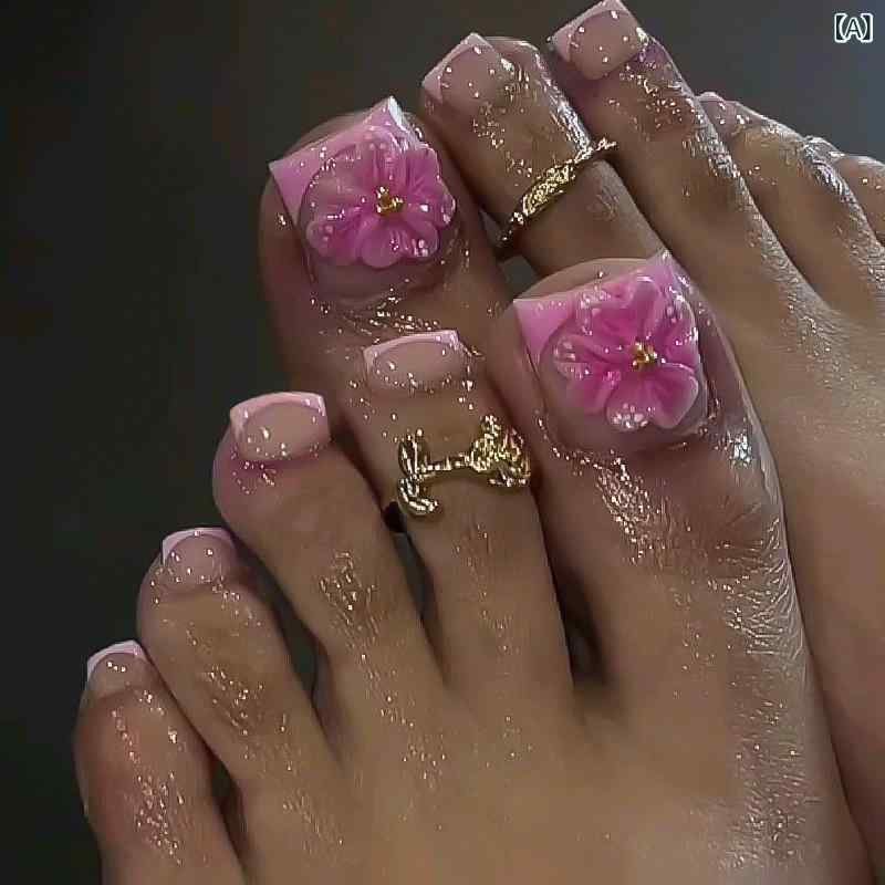 フットネイル 女性用 3D花柄 着脱式 夏用 足指カバー ネイルチップ フレンチスタイル シンプルデザイン かわいい花モチーフ 軽量 柔軟素材 透明感 ピンク系 アイボリー 季節限定 足元おしゃれ 日常使い フェミニンアクセサリー