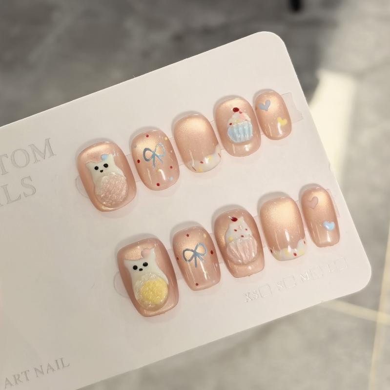春夏 ネイルチップ メンズ レディース かわいい アイス クリーム デザイン 猫眼 ストーン 雪糕 モチーフ 小型犬 柄 超柔らか 甘め ハンドメイド 着脱式 人工爪 豆豆型 新短方型 新中方型 短椭圆型 XS S M L サイズ 軽量 伸縮性 接触冷感