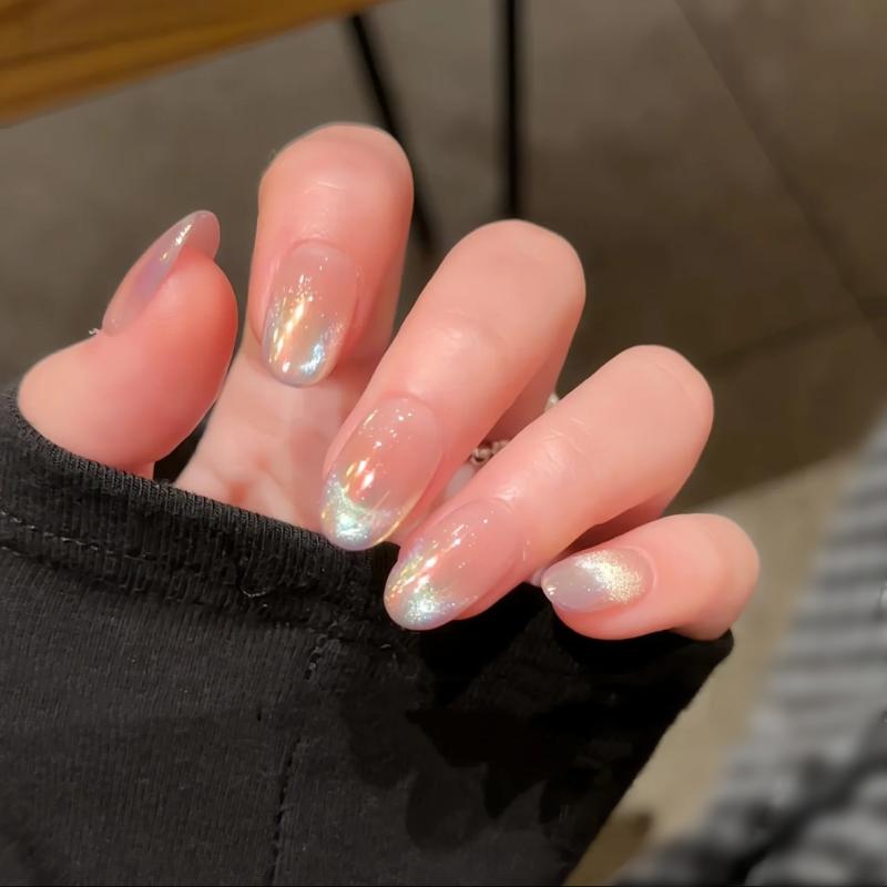 美甲 指先 エルフ 人魚 猫眼 ハンドメイド 着用式 ネイルチップ 短め ホワイト映え 偽ネイル スティックオン 薄型 無痕 輝き 透け感 フレンチ かわいい クラシック キラキラ 星空 星柄 楕円形 アーモンド型 バレエ型 欧方型 透明 ピンク系 アイ