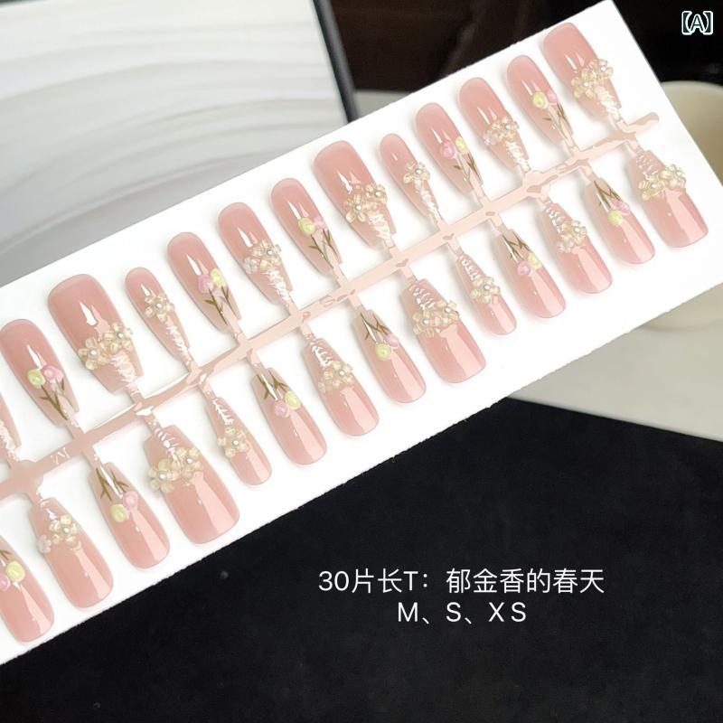 付け爪 かわいい 花柄 デザイン 春 チューリップ モチーフ 軽量 偽物指甲 女性用 ネイルアート フラワー プリント スイート スタイル ..