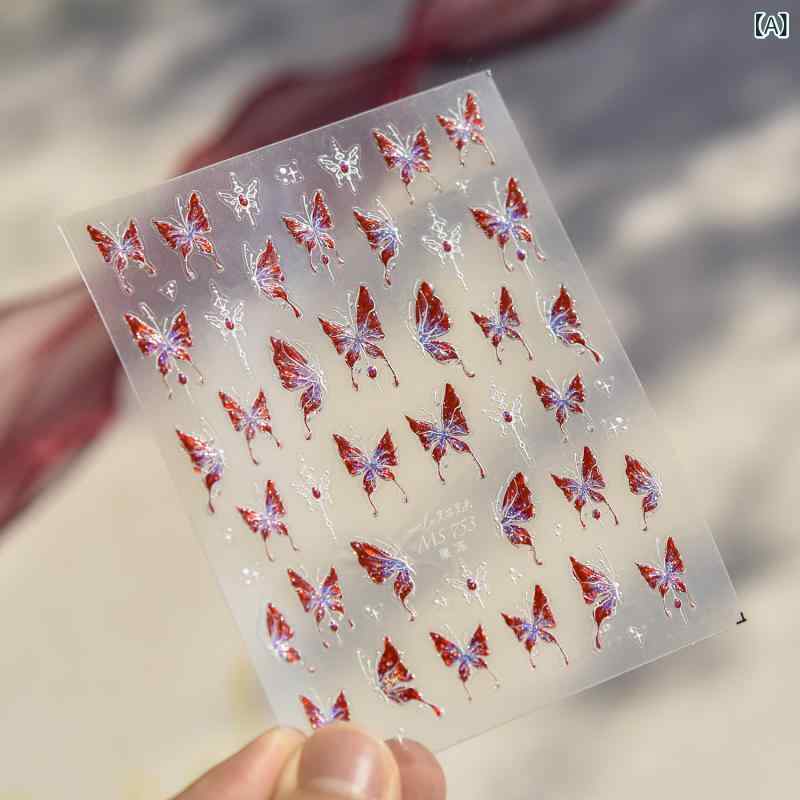 ネイルシール 赤 蝶 立体 浮き彫り ジェル クリスタル 貝殻 光沢 背面接着 かわいい 甘め スパイシー ラグジュアリー 蝶柄 薄手 丈夫 ジェル風 浮き彫り蝶 クリスタル加工 光沢仕上げ 赤色 蝶デザイン ネイルアート ステッカー セルフネイル 装飾