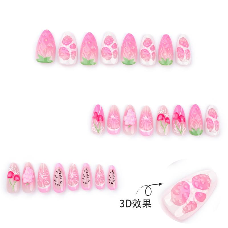 レディース かわいい ピンク フルーツ ネイル ステッカー 3D 指甲 偽指甲 桜桃 苺 柑橘 短款 杏仁型 穿戴式 自然 デザイン スイート スタイル 日常使い 簡単 装着 セルフネイル 初心者 対応 女性 向け アクセサリー
