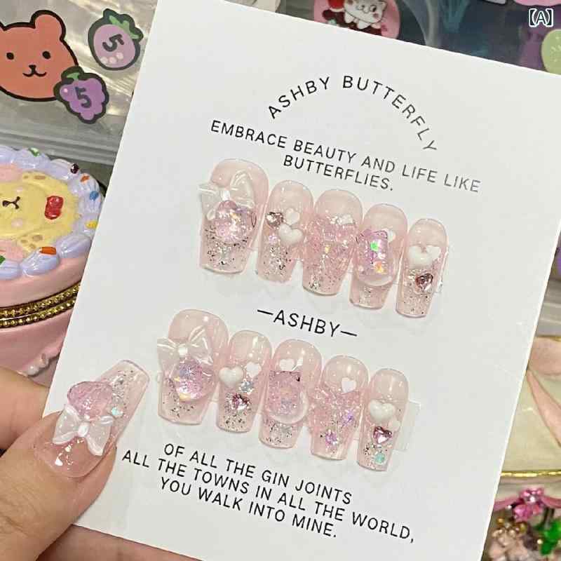 Nail - ネイルチップ 女性用 かわいい 甘め 果凍風 少女 新款 蝶結 蝶 光沢 ホワイト映え 取り外し可能 超薄 無痕 爆闪 透明 クリア シンプル 欧米風 クリスマス 甘クール 軽奢 インスタ風 ピュアデザイア 純色 スイート フレッシュ スパイシー ミニマ