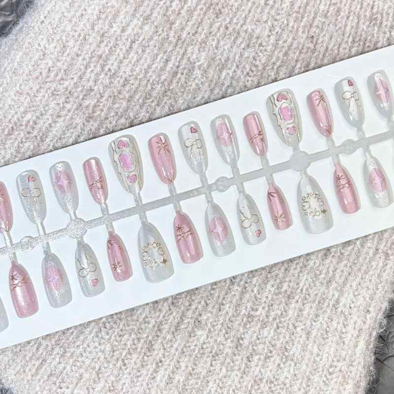 其它 - ネイルステッカー 女性用 桜花粉 極光 ボヘミアン風 着用式 猫眼石 春日 ハート リボン かわいい ピンク系 透明感 長め スイート フレンチ ガーリー クリア 30枚 セット XS S M サイズ