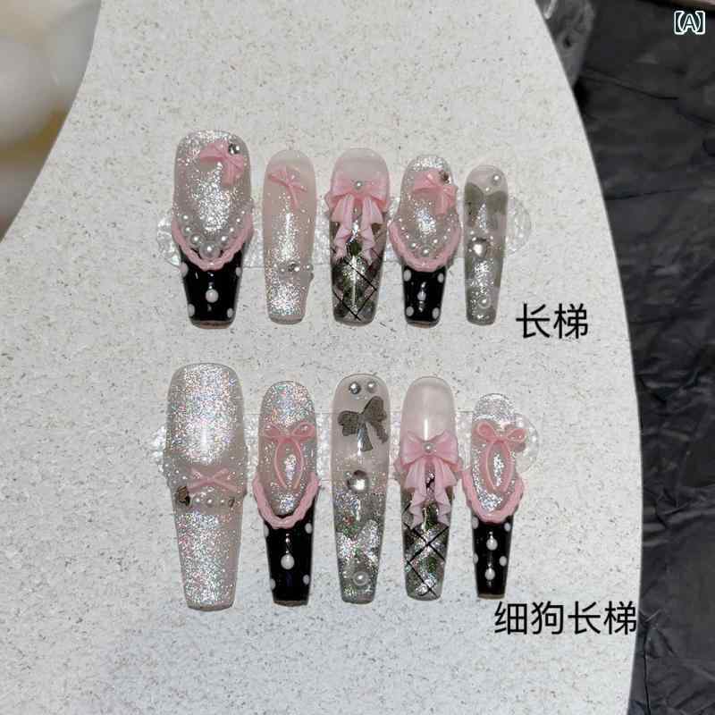 ネイルパッチ 女性用 法式 かわいい 蝶結び リボン レース 貼り付け フレンチスタイル 甘め セクシー ピュア 欲情 日常使い 装着式 長梯形 細型 犬柄 ブラック ピンク系 軽量 伸縮性 手軽 セルフネイル 爪用シール ファッションアクセサリー