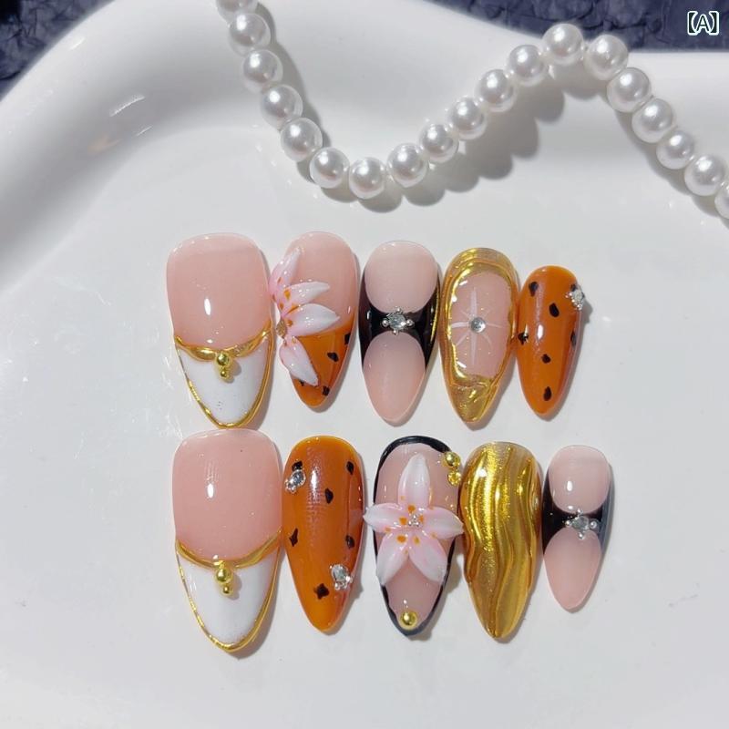 レディース ネイルチップ 長杏仁型 欧米風 ハンドメイド 着脱式 手描き グラデーション 立体彫花 ホワイトベース かわいい 法式 シンプル セクシー ローズ チューリップ レモン 星空 チェック バタフライ ヒョウ柄 浮き彫り スター デザイン 指甲