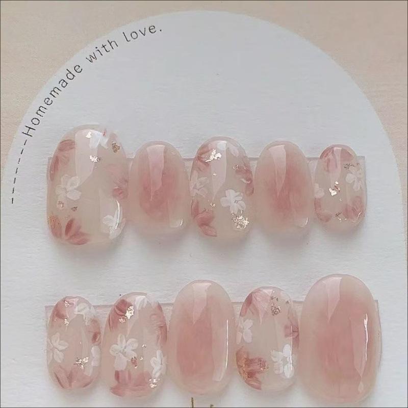 ネイルシール 女性用 手描き花柄 ピンク系 豆沙色 腮红風 純欲スタイル 中長丸型 かわいい 手作り 簡単貼り付け 指先美白効果 ナチュラルネイル 日常使い 軽量 柔軟素材 花柄デザイン ピーチカラー ソフトピンク ローズ調 フラワーアート 女性向け 指