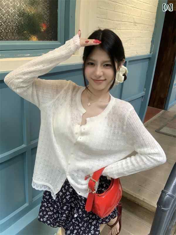 2025新 款 夏季 薄 款防 晒 镂空 设计 长袖 针织 衫上 衣 女装 韩系 竹 节麻 开衫