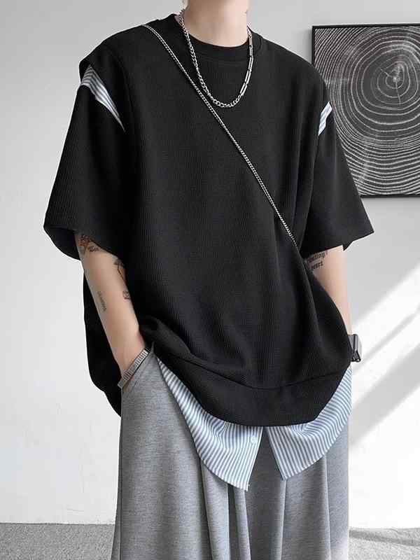 T-Shirts - メンズ Tシャツ 夏 ワッフル 柄 偽ツーピース 短袖 トップス 男性用 半袖 シャツ ゆったり シルエット 街着 潮 デザイン 涤纶 素材 黒 灰 白 圆领 套头 青少年 休闲 普通 厚 免烫 処理 2024 春季 250g-300g 体重 M L X